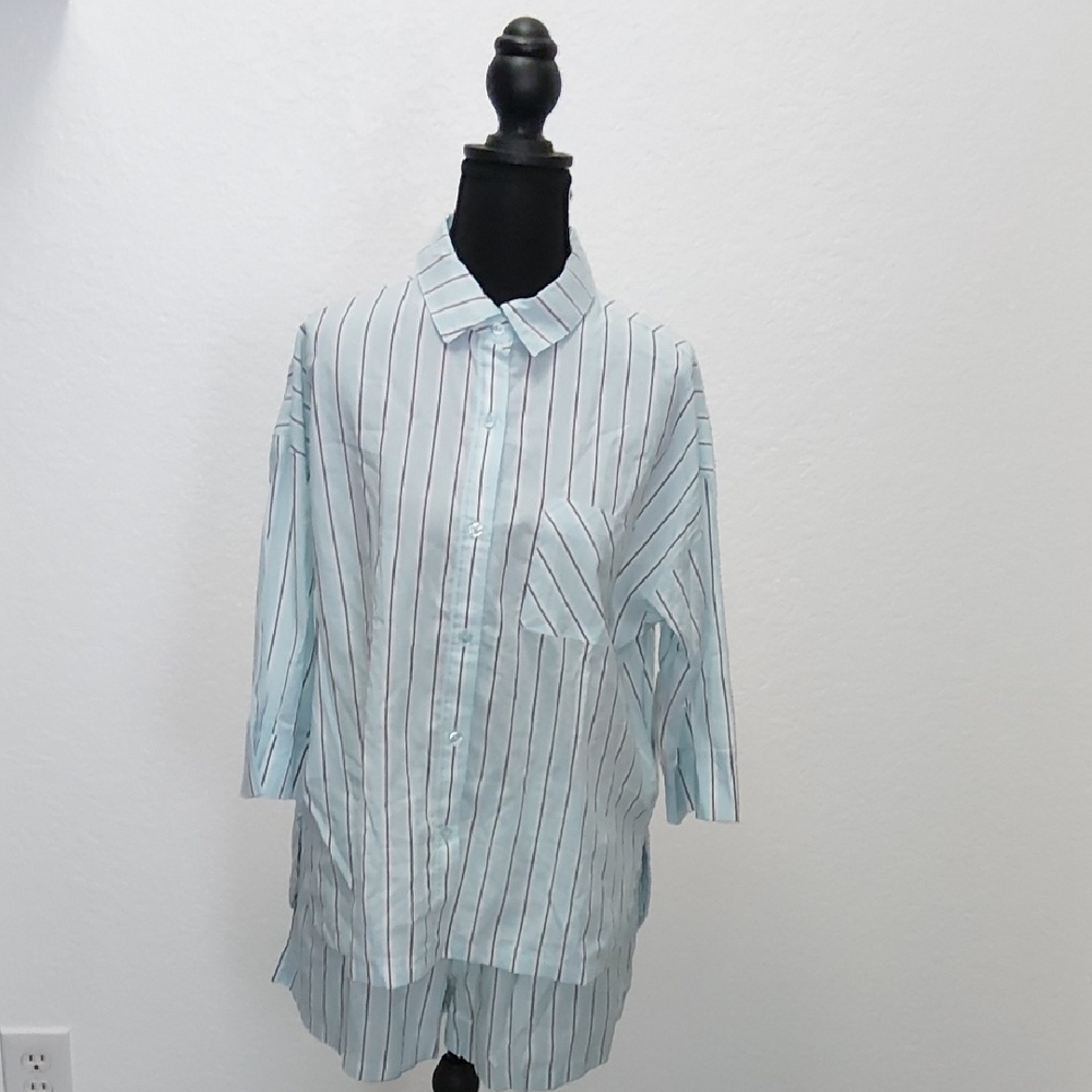 Classic Light Blue Striped Women Sleepwear